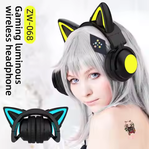 ZW-068 Gaming Headphones Luminous Wireless Cat Ear Headset Head-mounted Game Music Earphones With Co