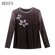 Rehin phong cách Châu Âu lưới in hoa ôm vừa dài tay áo T-shirt 2024 Mùa Thu/Mùa Đông cổ tròn thời tr