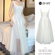 ZYHT Đầm trắng dây treo cổ vuông Maxi nhỏ tươi Màu đơn giản Đầm nữ dự tiệc cưới đẹp 9635