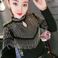 Heavy Industry T T-shirt Women's Long-Sleeved Rhinestone Fashion Bottoming Shirt Spring and Autumn N