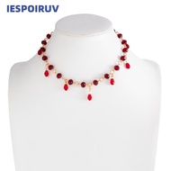 IESPOIRUV Necklace Choker, Red Crystal Teardrop Bead Bead Chain,  Tassel Drop Gold Link Goth Style C