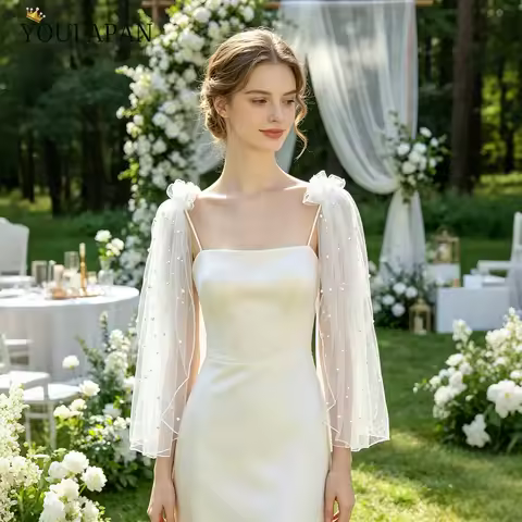 TOPQUEEN MG27 Pearls Bridal Shawl Pearls Puff Sleeves for Dresses Wedding Shoulder Cover Tulle Cape 
