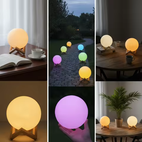 Led Moon Lamp Night Light With Stand 7-colour Cycle Switch Decorative Lights Desk Table Creative Lam