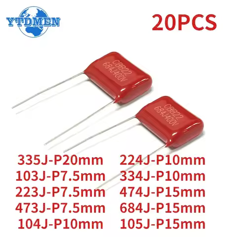 20PCS CBB Capacitor 400V CBB Polypropylene Film Capacitors Kit 103 473 223 104 224 334 474 684J P7.5