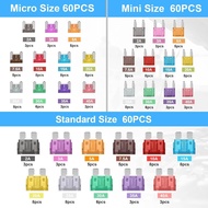 180Pcs Car Fuses Assorted Kit 60 Mini Blade Car Fuse +60 Standard Fuse Automotive +60 Micro Fuse + F