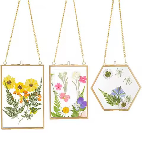 BQ-3 Packs Pressed Flowers Glass Frames- Golden Hanging Glass Picture Frames With Chain Floating DIY