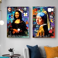 Mona Lisa Graffiti Canvas Painting - A Girl Wearing Pearl Earrings Pop Art Posters Abstract Portrait Wall Art Pictures for Home Decor