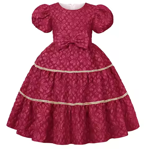 2025 New Europe and America Holiday Party Children's Dress Bubble Sleeve Dress Bow Princess Dress