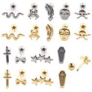 2 Pieces Titanium Cross Spider Snake Skull Sword Bow Feather Star Coffin Ear Stud Cartilage Helix Ea