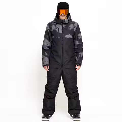 Men One Piece Ski Suit Waterproof Black Camo Skii Suit Softshell Jacket Pant Snowboard Ski Jumpsuit 