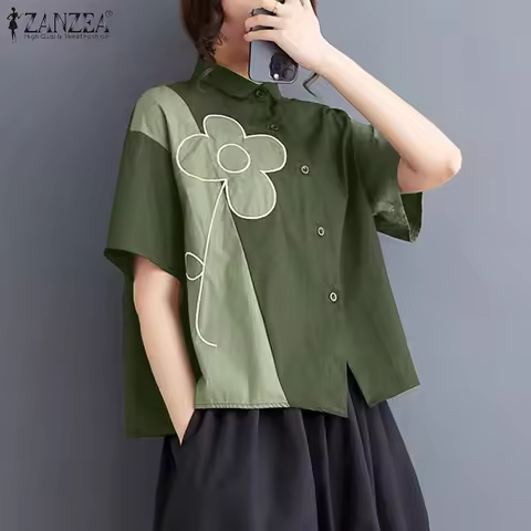 2025 ZANZEA Retro Colorblock Shirts Fashion Summer Short Sleeve Tunics Street Korean Floral Embroide