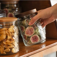 Fast shipping//Glass sealed jars with Nature Wood Lids/Vintage embossed glass storage jars/Kitchen s