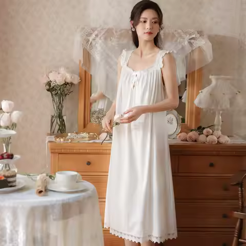 Summer Cotton Sleeveless Night Dress Women White Long Nightdress Sweet Lace Peignoir Victorian Night