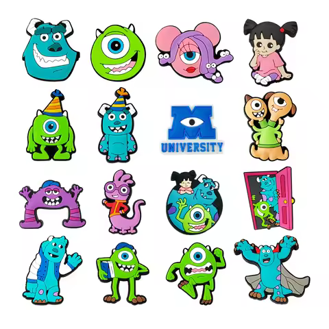 Hot Sale 1-16pcs Disney Cartoon Monsters Inc. University James P Shoe Charms PVC Garden Shoes Buckle