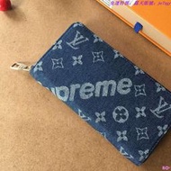 免運特價新款LV&SUPREME聯名款 帆布拉鏈藍色皮夾長款錢包 多卡位 錢夾 時尚新穎男女款皮夾 手拿包