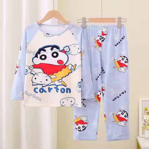 Anime 2Pcs Cartoon Crayon Shin-Chan Children Pajamas Long-Sleeved Pants Set Kawaii Girls Cute Casual