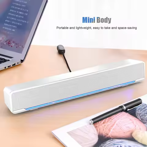 Portable Soundbar USB Wired Stereo Soundbar Music Player Bass Surround Sound Box 3.5mm Input for PC