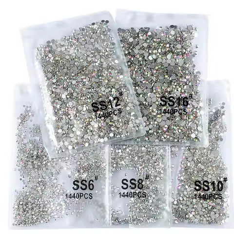 1440Pcs/bag AB/Clear Round Mini Nail Diamond SS3-SS20(1.3-4mm) FlatBack Non-Hotfix Nail Crystal Crys
