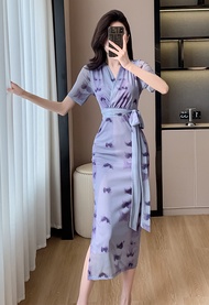 dress wanita korea v-neck motif bunga dan kupu kupu D8140