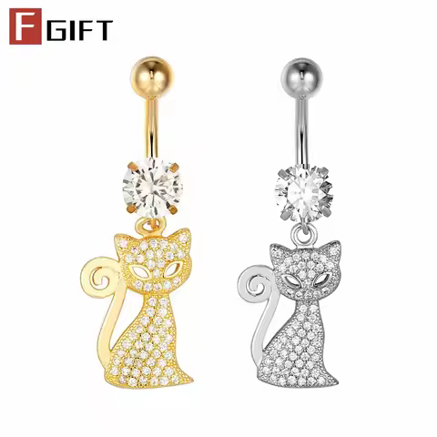 Unique Proud Cat Pendant Navel Ring with Micro Pave Crystal Gold Silver Color Body Piercing Jewelry