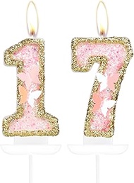 Birthday Candle,Butterfly 17th Birthday Party Decorations for Women/Girl,Gold Pink Birthday Number 1