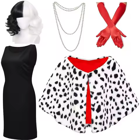5 Pcs Set Cruella Cosplay Costumes Women's Cruella Deville Dalmatian Shawl Red Gloves Pearl Necklace