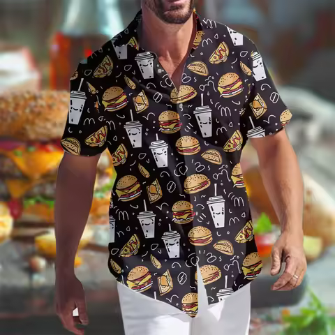 Hamburger Fries Graphic Shirts For Men Clothes Fashion Fastfood Lapel Blouse Funny Food Aloha Beach 