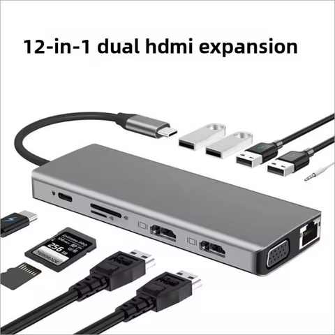 12-in-1 USB-C Multiport Docking Station Aluminum Alloy Dual HDMI VGA Output Mirror Extend USB Hub fo