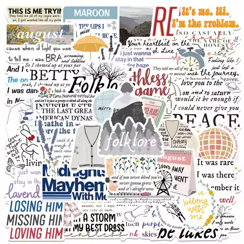52Pcs Taylor Album Lyrics Title Graffiti Stickers Set Waterproof Vinyl Decals for Water Bottle Lugga