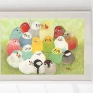A4 藝術海報幸福花束、日本長尾山雀、虎皮鸚鵡、長尾小鸚鵡、雀、野鳥、麻雀、玄鳳鸚鵡