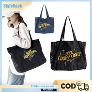 Beg tote wanita versi Korea beg tangan denim beg tangan huruf bersulam beg bahu