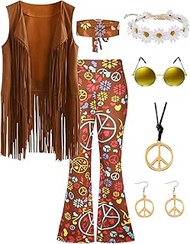Hippie Clothes 60s 70s Outfit For Women Fringe Vest Flared Pants Costume Peace Sign Necklace Earrings