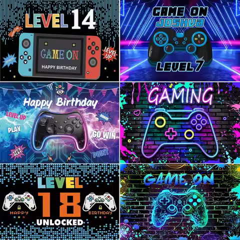Game On Theme Video Gamer Kids 0-25th Birthday Party Neon Green Gaming Next Level Up Background Baby