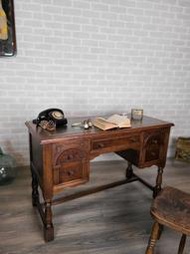 【卡卡頌  歐洲古董】英國 皮面 燙金邊 橡木 實木 拱門雙柱 雕刻 書桌 寫字桌 櫃台  歐洲老件 t0254