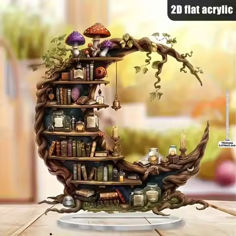 2D Acrylic Flat Gift Crescent Magic Bookshelf 2D Ornament Vintage Fantasy Style Book Decoration Craf