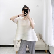 9370 Miyake Style Short Sleeve T-Shirt For Women Stretch Fabric Summer Loose Plus Size Ruched Top On