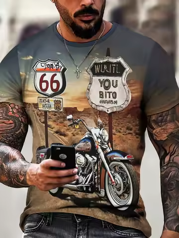 Retro US Route 66 3D Printed Men's T-shirt, Retro Loose Men's Clothing, Summer Round Neck Short Slee