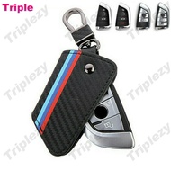 Carbon Fiber Style M Color Remote Key Leather Case Cover Bag Holder Car Logo Keyring Chain For BMW 3