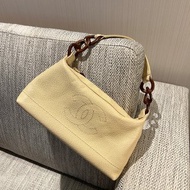 Chanel hobo絕版稀有木連接米黃色手袋肩側背包 有貼