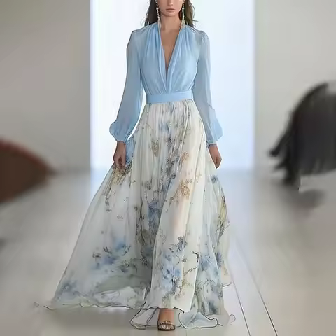 Pakistani Woman Dress Indian Puff Sleeve V Neck Dresses Patchwork Fit And Flare Maxi Dress Floral Pr