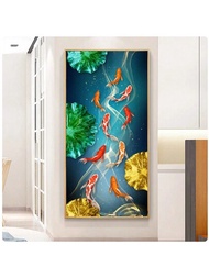 1件現代抽象金色錦鯉動物畫布油畫風景海報和印刷品掛畫,客廳家居裝飾無框