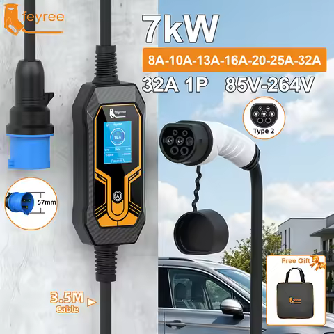 Feyree EVSE Type1 Charging Box Cable 32A 7KW with CEE Plug J1772 Adapter for Electric Vehicle