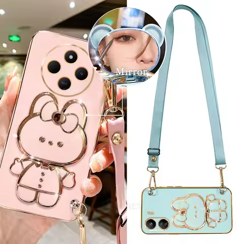 Remi14c Crossbody Mirror Holder Silicone Case On For Xiaomi Redmi 14c 13 13c 12 12c A1 A2 Plus A3 4g