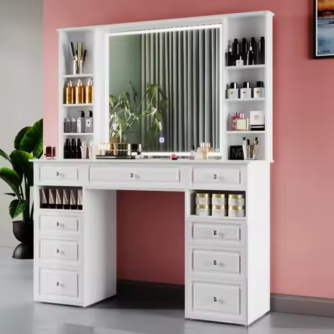 Modern Vanity Set with Lighted Mirror,Extra Large Mirror Makeup Vanity Table with 9 Drawers,European