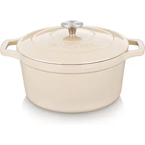 Cast Iron Dutch Oven 6 QT Round Pot with Lid and Dual Handles Non Stick Enamel Coating for Bread Bak