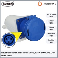 Surer 1975 Industrial Socket, Wall Mount 2P+E, 125A 240V, IP67, 6H (1970 Series)