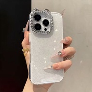 New 2-in-1 KT Cat Inlaid Diamond Frame For iPhone 11 12 13 14 15 16 Pro Max Phone Case Flash Pink Fa
