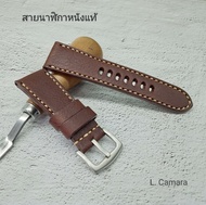 สายนาฬิกาหนังแท้ หนังสีน้ำตาลเข้ม ด้ายสีครีม Watch Straps ขนาด 20, 22, 24, 26, 28 mm. แถม!! สปริงบาร์ 1 คู่ (ผลิตในไทย)