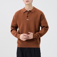 [H2O] Autumn Winter Coffee Color Wool Sweatshirt Men 2026 High-End Lapel Half Button polo Shirt Long