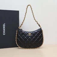 CHANEL 23B皮穿鏈邊嬉皮包Hobo單肩斜挎包單鏈條黑色羊皮晶片開金扣肩背包